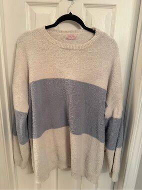 Pink Lily Cream and Light Blue Colorblock Crew Sweater